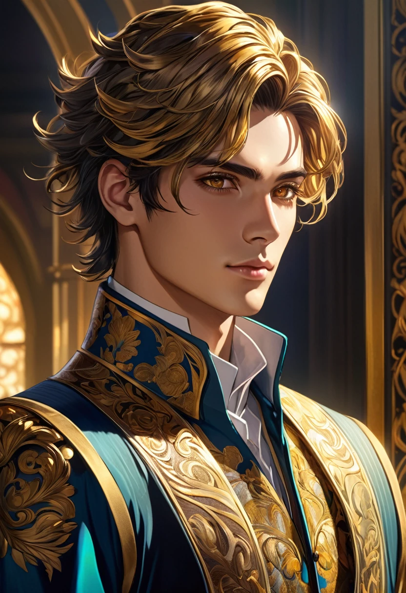 a handsome anime man, dramatic shadows, golden eyes, detailed portrait, intricate hairstyle, elegant dress, cinematic lighting, highly detailed, concept art, vibrant colors, digital painting, masterpiece, photorealistic, 8k, best quality