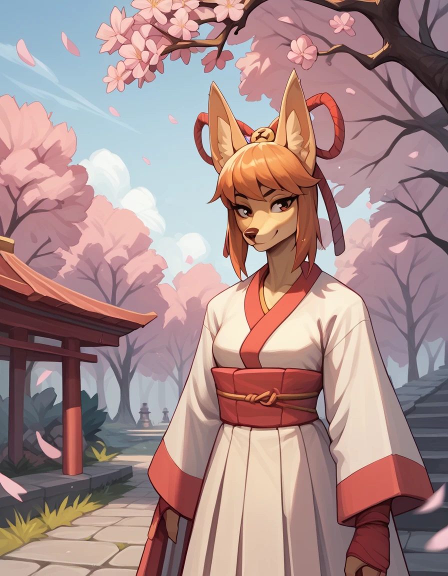 score_9, score_8_up, score_7_up, score_6_up, score_5_up, score_4_up, source_furry,
(ceroba), fox ears, female, solo, kimono, japanese clothes, boots,
smile,
upper body shot, (outdoors, cherry blossom), 