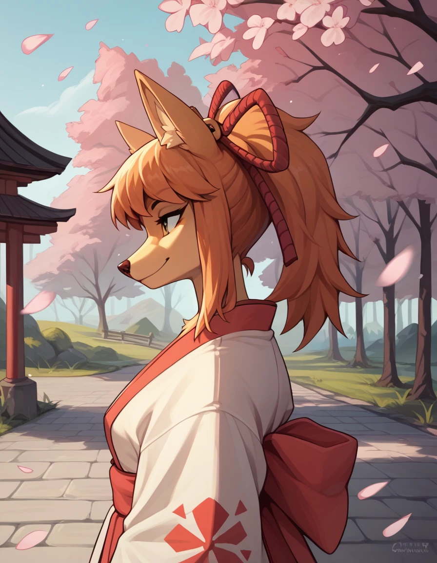 score_9, score_8_up, score_7_up, score_6_up, score_5_up, score_4_up, source_furry,
(ceroba), fox ears, female, solo, kimono, japanese clothes, boots,
smile,
upper body shot, (outdoors, cherry blossom), 