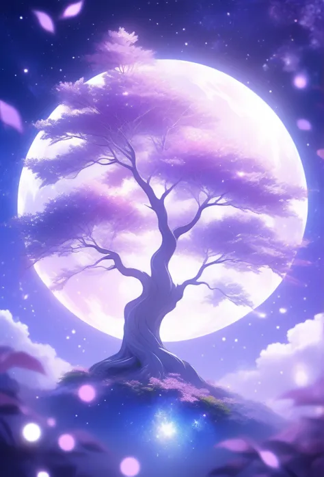 A tree in space，moon on sky, Light violet and light indigo style, Anime art, nightcore, Fantastic collage, glimmering, UHD image...