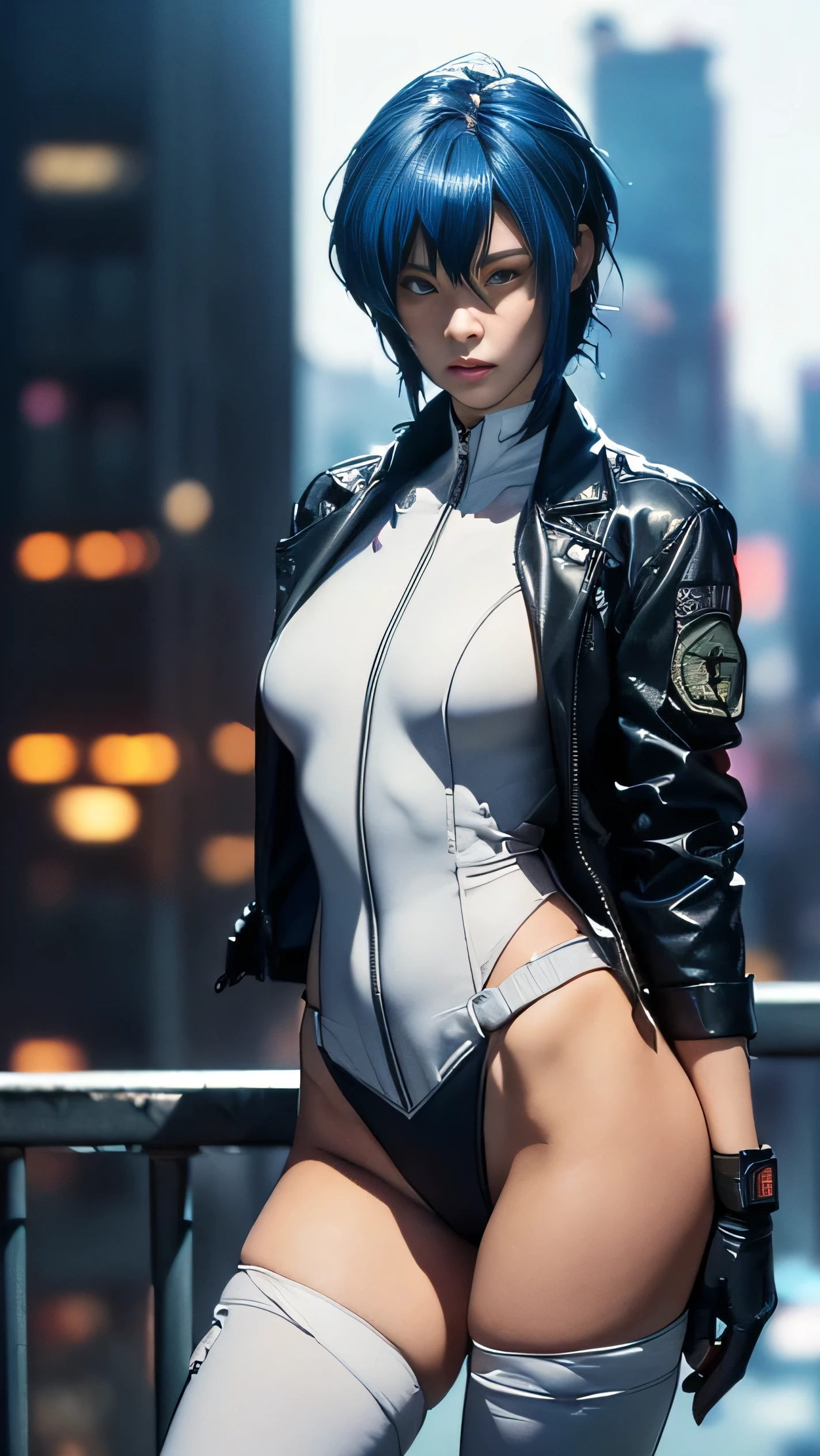 (A woman),(Kusanagi Motoko:1.5),(((Special forces women standing:1.5))),((White Tactical High Leg Bodysuit:1.5)),((Black jacket:1.5)),(Black Gloves:1.5),(Serious:1.5),(short hair:1.5),(((Blue Hair:1.5))),(beautiful eyes:1.3),(Very detailedな顔:1.5),((Very detailed drawing of a female hand:1.5)),((muscular:1.5)),(Sexy appearance:1.5),((Thick thighs:1.5)),(Beautiful Body:1.5),((Very sensual:1.5)),(Skyscrapers background at night:1.5),(Cyberpunk atmosphere:1.5),(((Blurred Background:1.5))),(Written border depth:1.5),rest(((masterpiece:1.5),(best quality:1.5),(Very detailed:1.5),(high resolution:1.5),(Practical:1.5),(Practical:1.5),(Delicate depiction),(Carefully drawn))),8k,wallpaper