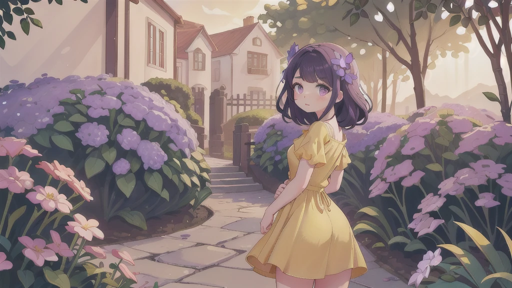 masterpiece, best quality, 1girl, solo, fochrnd, (yellow sundress:1.4), from behind, ass, looking back, looking at viewer, garden, sun, sunbeam, sunlight, purple flowers, pink eyes