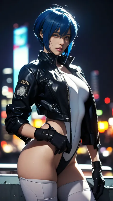 (A woman),(Kusanagi Motoko:1.5),(((Special forces women standing:1.5))),((White Tactical High Leg Bodysuit:1.5)),((Black jacket:...
