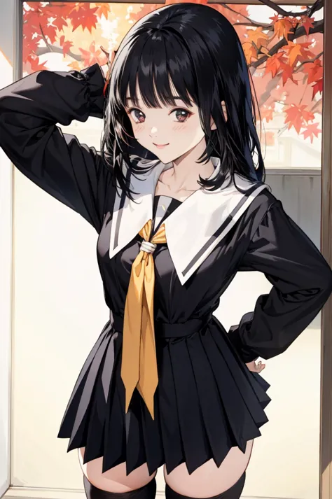 black hair,
serafuku, neck ribbon, pleated skirt, thighhighs, 
smile,, (best quality:1.3),1girl,