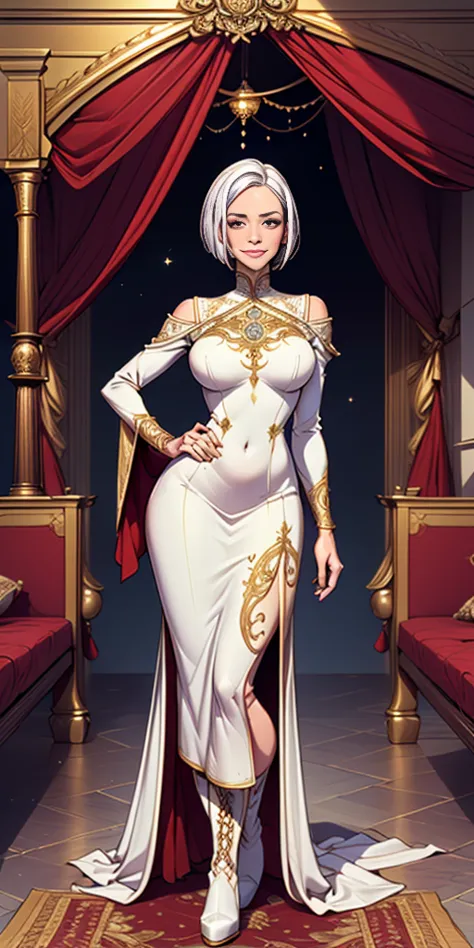 setting: royal bedroom - grand, opulent, with rich fabrics and tapestries character: appearance: white hair - short, styled in a...