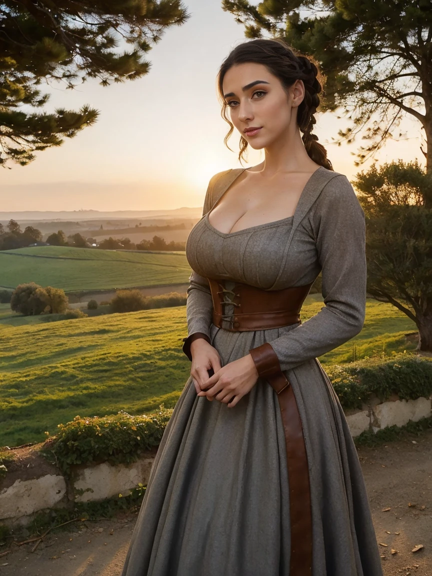 Gorgeous and sultry busty athletic (thin) brunette peasant with sharp facial features wearing a modest updo, medieval hair cover, rough-spun grey and brown medieval dress, long sleeves, wide neck, long dress, tight bodice, corset, Middle Ages, cottage, farm, exterior, trees, countryside, evening, sunset.