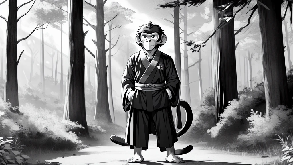 ((Masterpiece, high quality, best graphics, high definition, high definition, 4k)), old photo, vintage photo, 1 Monkey boy, (Solo), (((monkey ears, monkey tail))), ((upper body)), Wooden Katana in right hand, old samurai suit, old samurai pants, (ribbon on waist), wooden sandals, looking away, standing, (((monochrome, grayscale, pencil style, old movie style, noise, VHS movie, anime style))), (forest background, trees, tree shadow, grass, (((Saru to kani no Gassen anime 1917 style))).