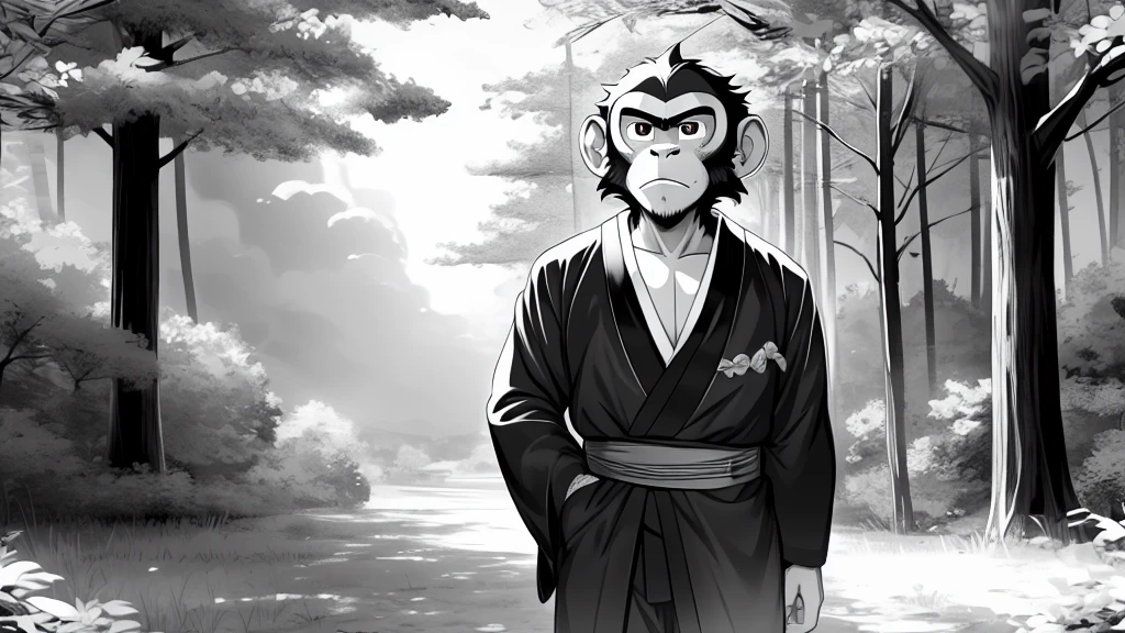 ((Masterpiece, high quality, best graphics, high definition, high definition, 4k)), old photo, vintage photo, 1 Monkey boy, (Solo), (((monkey ears, monkey tail))), ((upper body)), Wooden Katana in right hand, old samurai suit, old samurai pants, (ribbon on waist), wooden sandals, looking away, standing, (((monochrome, grayscale, pencil style, old movie style, noise, VHS movie, anime style))), (forest background, trees, tree shadow, grass, (((Saru to kani no Gassen anime 1917 style))).