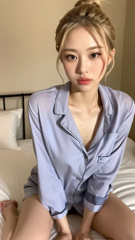 ((Best quality, 8k, Masterpiece :1.3)),    Beauty.  Hidden face,  (((rose))).  (Slim body),   (Slim body).   ultra-detailed face,   highly detailed lips,    detailed eyes,   double eyelids,    Make-up face.    long eyelashes.   ((blonde hair in a bun)).

((Micro pantues)),  ((button up wet pajama, wet, sweaty skin)),   long legs,   Kneeling,   on the bed