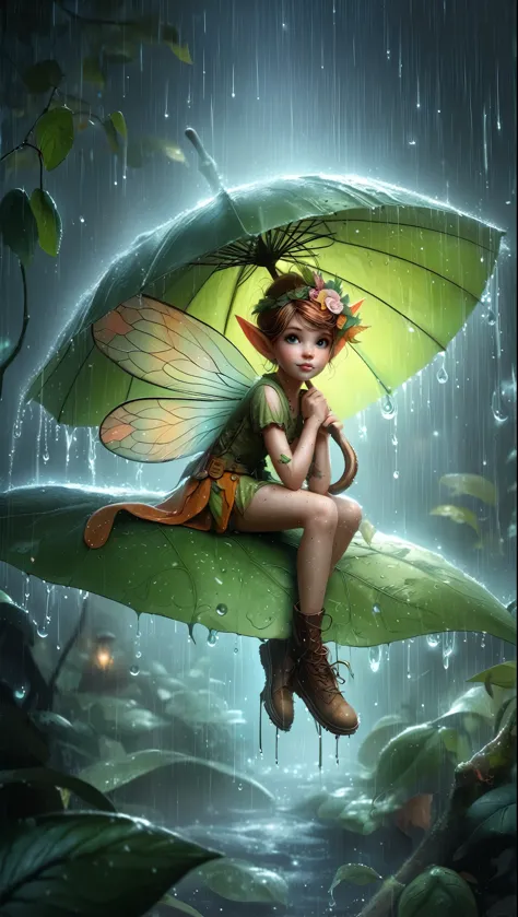 pixie girl on a leaf in the rain The agis man and the world of space adventure, photo realism, 8k resolution,