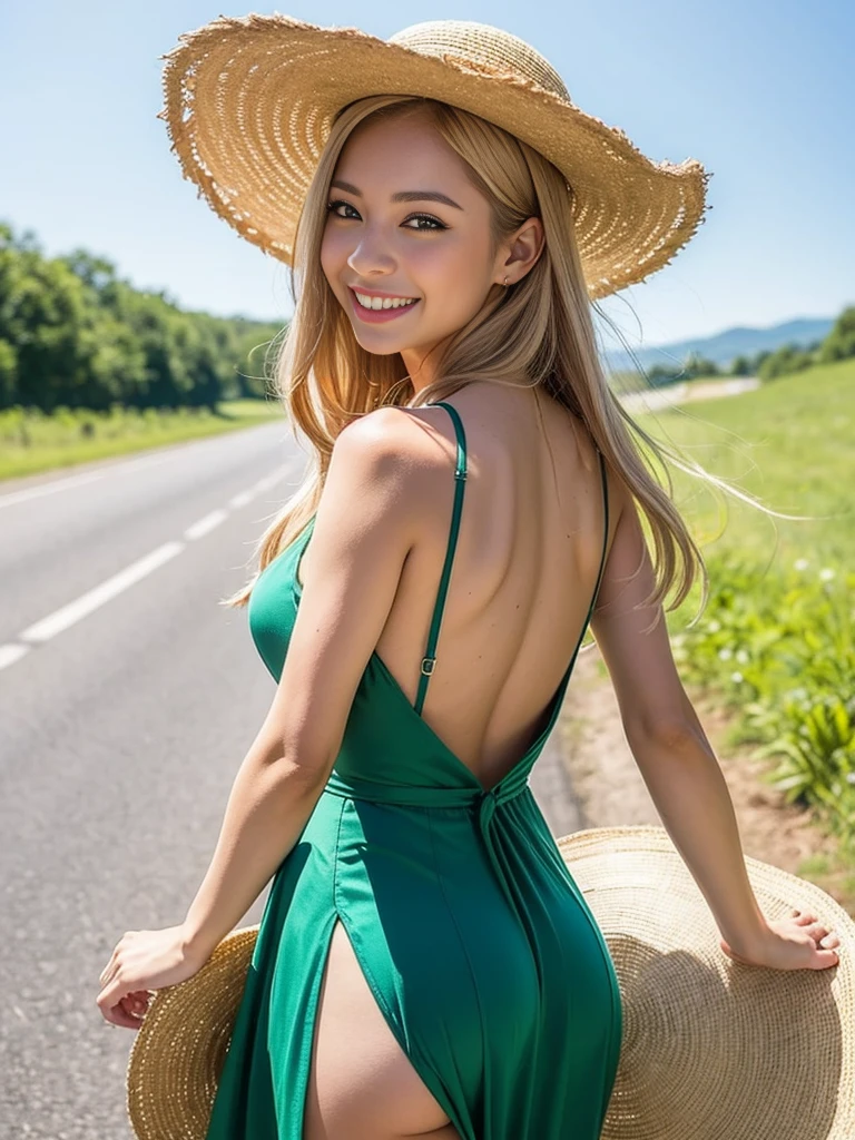 best smile like angel,(Anatomically correct,),masterpiece, Highest quality, RAW Photos, Photorealistic, beautiful girl, cute, (A young woman in a summer dress wearing a large straw hat and smiling on a country road.), (blond hair:1.2), (long hair:1.2), (waist-up portrait), (turn back), green eyes, 