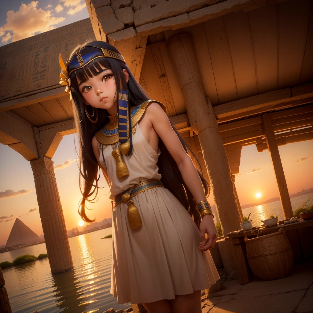 かわいいAncient Egyptの15歳の女の子、Ancient Egypt、View of the Nile、A colorful view of the whole、whole body、Low - Angle、Standing posture、Reeds are growing、Ancient Egyptの船、Ancient Egyptの風景、Sunset、