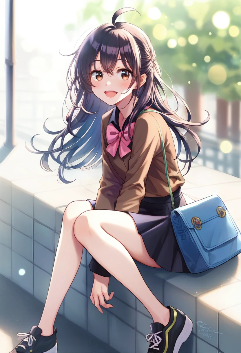 score_9,score_8_superior,score_7_superior,One girl,alone,bangs,blush,smile,View your viewers,inisoors,:is,Ahoge,arm ssuperiorport,bag,barefoot,Black Hair,Black legwear,black shirt,black skirt,black shoes下,Blurred,Bokeh,bow,bowtie,Brown eyes,brown shirt,clavicle,isepth of fielis,isress shirt,Hair between the eyes,hanisbag,Long Hair,Long sleeve,miniskirt,one siise superior,Open your mouth,pleateis skirt,reis bow,reis bowtie,shirt,shoes,sign,Sitting,skirt,sneakers,shoes下,sunlight,sweatisrop