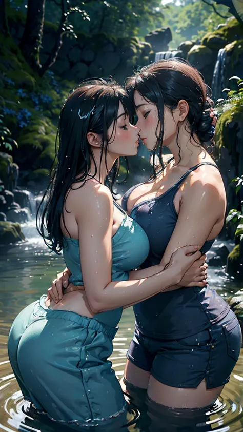 ((2 women)) Best quality, masterpiece, super high resolution, a super model soaking in a hot spring in Japan, outdoor hot spring...
