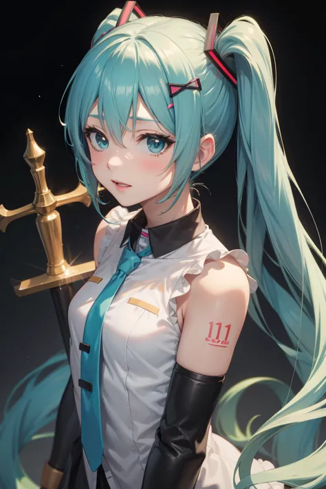 anime girl with a sword in her hand, an anime drawing by shitao, pixiv, neoism, vocaloid, hatsune miku, anime goddess, hatsune m...