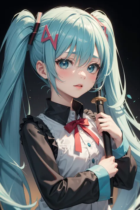 anime girl with a sword in her hand, an anime drawing by shitao, pixiv, neoism, vocaloid, hatsune miku, anime goddess, hatsune m...