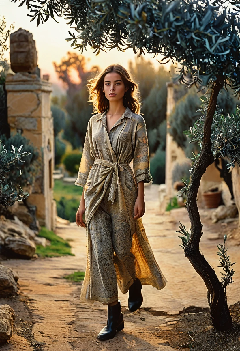 ((best quality)), ((masterpiece)), (detailed), full body shot, fashion photo shot, dynamic pose, dynamic angle, sunsetting in the background, young italian woman, wearing Dior apparel. she is looking off at the sunset, olive trees in the distance