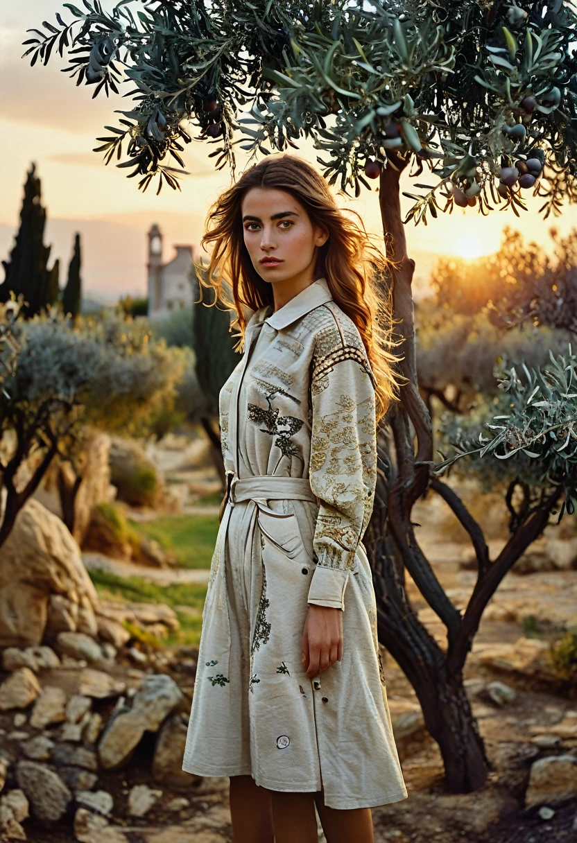 ((best quality)), ((masterpiece)), (detailed), full body shot, fashion photo shot, dynamic pose, dynamic angle, sunsetting in the background, young italian woman, wearing Dior apparel. she is looking off at the sunset, olive trees in the distance