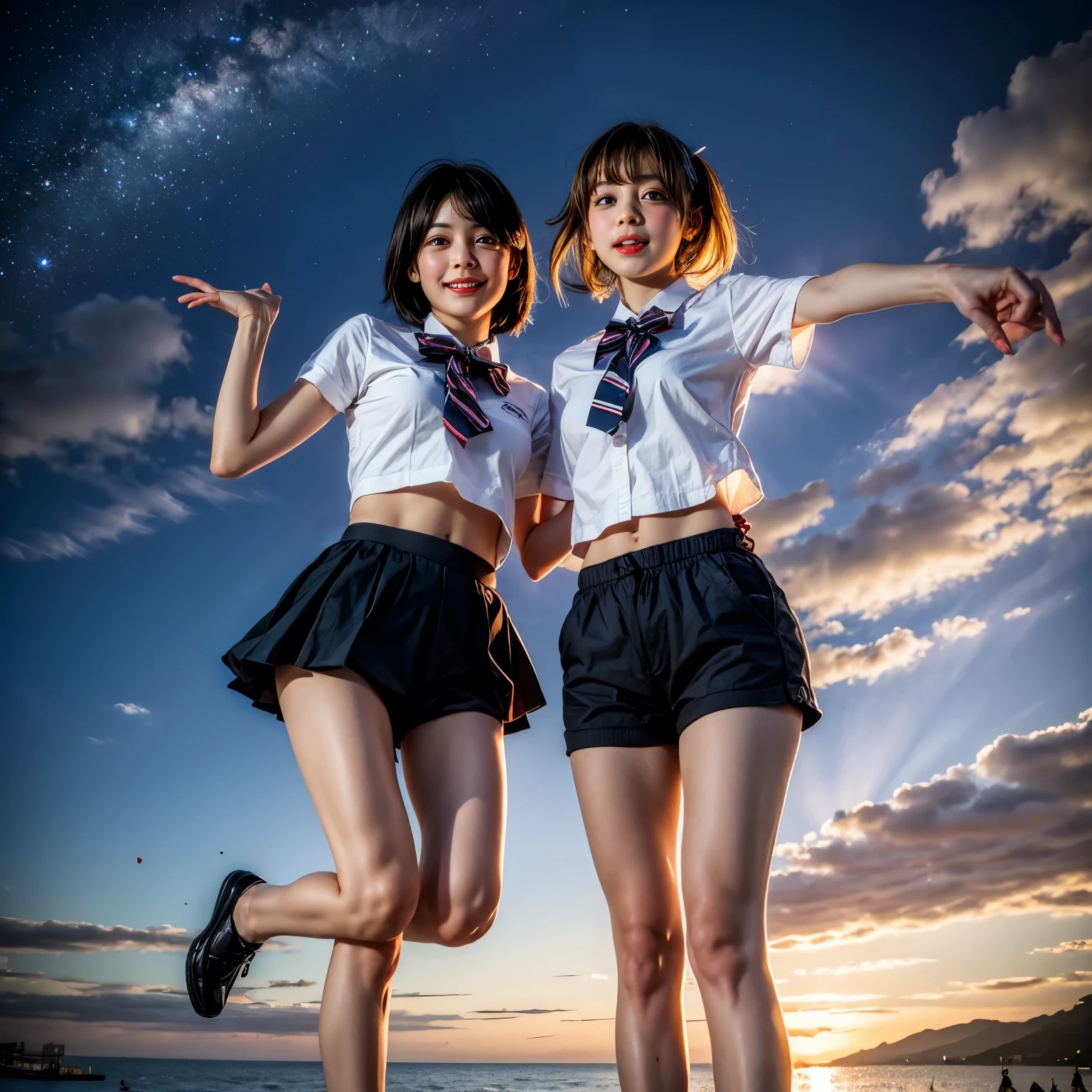  Masterpiece of ProfessionalPhoto ((ExtremelyDetailed (12 PICHIPICHI KAWAII Girls Floating in The Air in a row:1.37) in WHITE at Dusk Enoshima Beach)), {(Standing Full Body:1.2)|(from below:1.2)|Detailed KAWAII face}, Different types of hair colors, {(skinny(school swimwear))|(SchoolUniform)with Skinny AthleticShorts}, {(Corrected Childish hand)|Hidden hand|Different types of breasts|(Clearly Visible the shape of Butt)}, Joyful Expressions LifeLike Rendering, PerfectLighting, (Dazzling Horizon Visible through ThighGap), (Starry IridescentParticles:1.22) ColorfulClouds