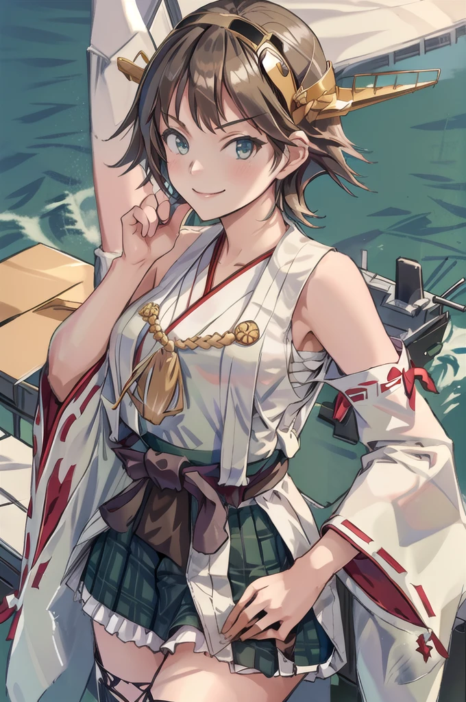 Highest quality, masterpiece, High resolution, alone, (Hiei Kai-2_Fleet Collection:1.15), オレンジ色hair, hairband, headgear, Non-traditional_Shrine maiden, smile, green_eye, Inverted up_hair, smile, One Girl, dependent_sleeve, green_skirt, Plaid, Plaid_skirt, ribbon-trimmed_sleeve, ribbon_trim, skirt, 