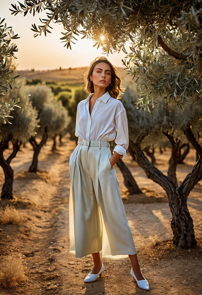 ((best quality)), ((masterpiece)), (detailed), full body shot, fashion photo shot, dynamic pose, dynamic angle, sunsetting in the background, young italian woman, wearing Dior apparel. she is looking off at the sunset, olive trees in the distance
