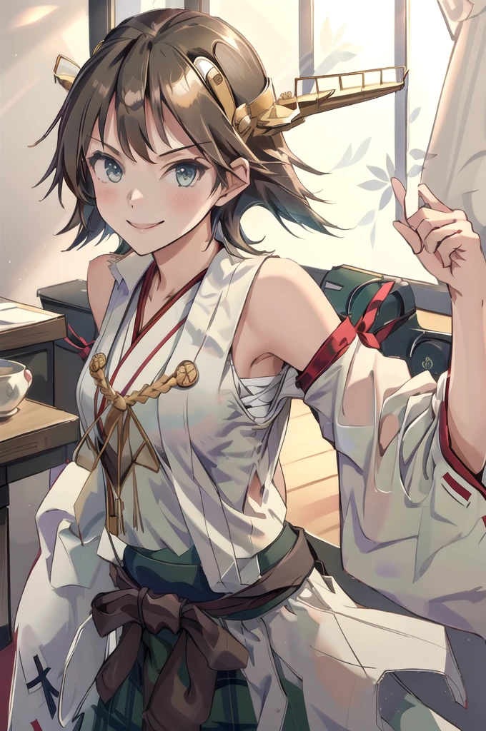 Highest quality, masterpiece, High resolution, alone, (Hiei Kai-2_Fleet Collection:1.15), オレンジ色hair, hairband, headgear, Non-traditional_Shrine maiden, smile, green_eye, Inverted up_hair, smile, One Girl, dependent_sleeve, green_skirt, Plaid, Plaid_skirt, ribbon-trimmed_sleeve, ribbon_trim, skirt, (indoor, office, living room), 