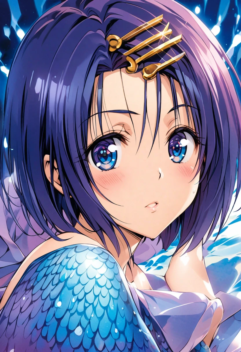 masterpiece, highest quality, Detailed face, Beautiful and detailed eyes, Beautiful Face, Perfect body, Official Art, grand plix award illustration, Professional Lighting,One girl, sairenji haruna,blue short hair,blue eyes,forehead,hair pin, analogous colors blue and purple, mermaid theme,Style of Yabuki Kentaro, To Love-Ru art style,