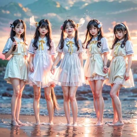  Masterpiece of (ProfessionalPhoto:1.37) ((ExtremelyDetailed (5 PICHIPICHI KAWAII Girls Floating in The Air in a row:1.37) in WHITE at Dusk Enoshima Beach)), {(Standing Full Body:1.2)|(from below:1.2)|Detailed KAWAII face}, Different types of hair colors, {(skinny(school swimwear))|(SchoolUniform)with Tiny AthleticShorts}, {(Corrected Childish hand)|Hidden hand|Different types of breasts|(Clearly Visible the shape of Butt)}, Joyful Expressions LifeLike Rendering, Detailed clothing texture, PerfectLighting, (Dazzling Horizon Visible through ThighGap), (Starry IridescentParticles:1.22) ColorfulClouds . Whole Body proportions and all limbs are anatomically accurate