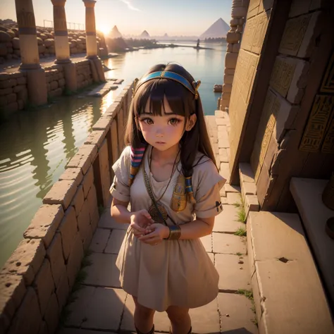 かわいいancient egyptの15歳の女の子、ancient egypt、view of the nile、a colorful view of the whole、whole body、low - angle、standing posture、re...