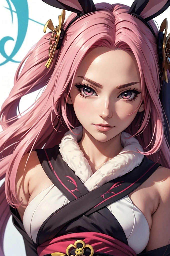 anime style, Close-up of a cartoon woman with rabbit ears and tail., has a rabbit tail, with bunny ears, girl design, time, Portrait, Geisha, anime pictures, long hair, pink hair, I cover my ears., be happy, Beautiful and powerful appearance, Exotic, high  