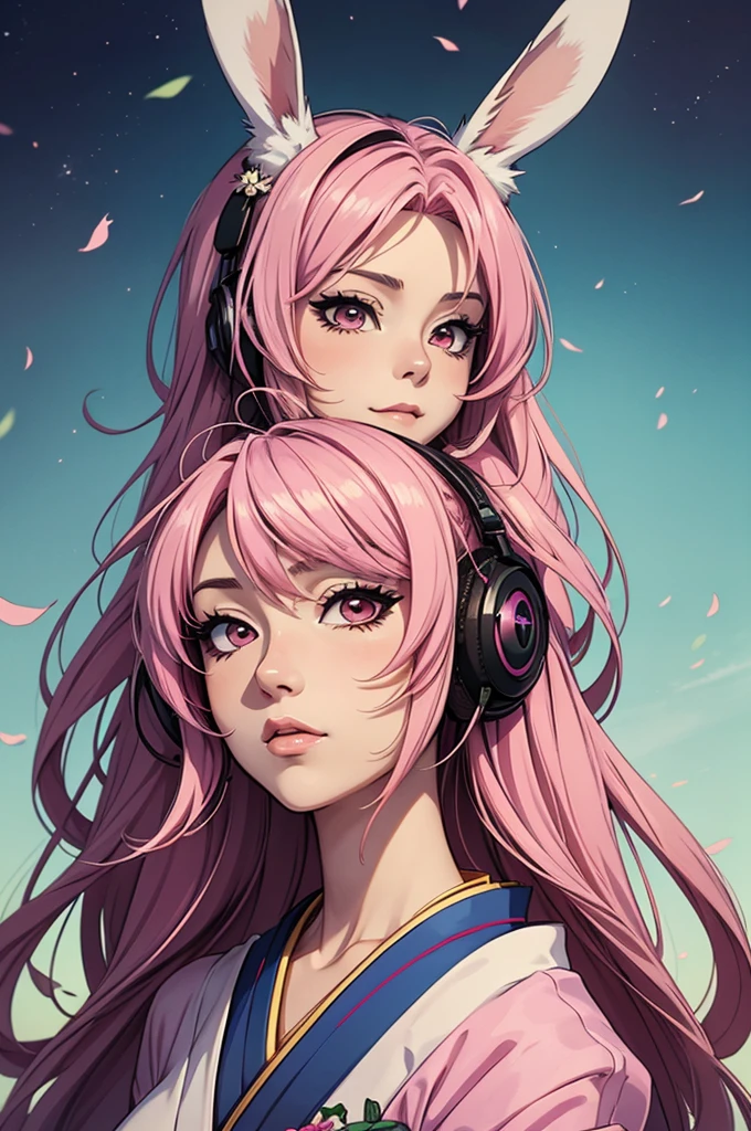 anime style, Close-up of a cartoon woman with rabbit ears and tail., has a rabbit tail, with bunny ears, girl design, time, Portrait, Geisha, anime pictures, long hair, pink hair, I cover my ears., be happy, Beautiful and powerful appearance, Exotic, high  