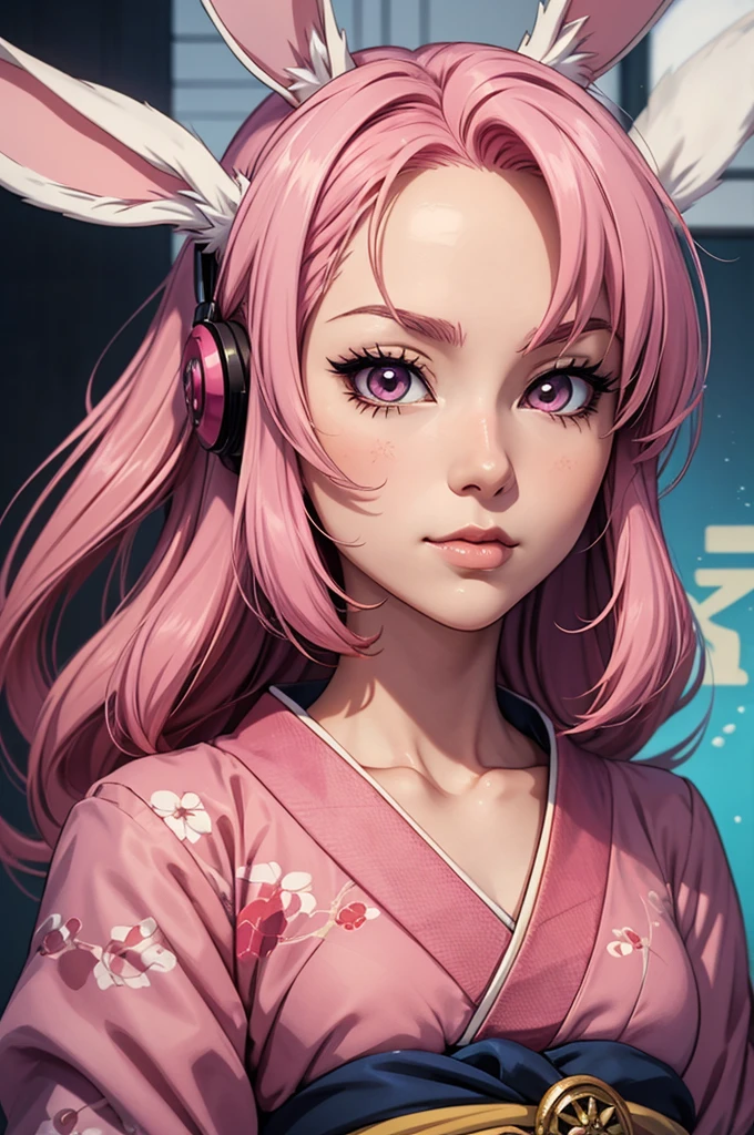 anime style, Close-up of a cartoon woman with rabbit ears and tail., has a rabbit tail, with bunny ears, girl design, time, Portrait, Geisha, anime pictures, long hair, pink hair, I cover my ears., be happy, Beautiful and powerful appearance, Exotic, high  