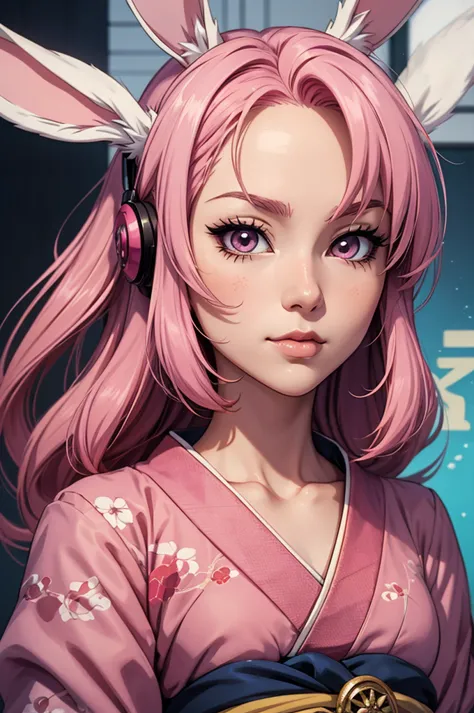 anime style, Close-up of a cartoon woman with rabbit ears and tail., has a rabbit tail, with bunny ears, girl design, time, Port...