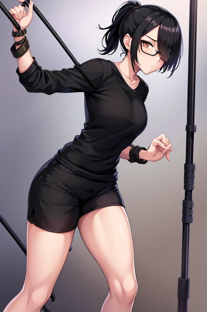 woman, hair over one eye, golden eyes, Tomboy, standing, black sweatshorts, shirt, looking at viewer, black short hair with a ponytail, bedroom background, round glasses, bags under eyes, tired, solo, using a crutch