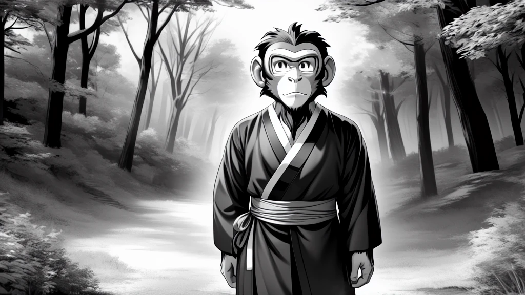 ((Masterpiece, high quality, best graphics, high definition, high definition, 4k)), old photo, vintage photo, 1 Monkey boy, (Solo), (((monkey ears, monkey tail))), ((upper body)), Wooden Katana in right hand, old samurai suit, old samurai pants, (ribbon on waist), wooden sandals, looking away, standing, (((monochrome, grayscale, pencil style, old movie style, noise, VHS movie, anime style))), (forest background, trees, tree shadow, grass, (((Saru to kani no Gassen anime 1917 style))).