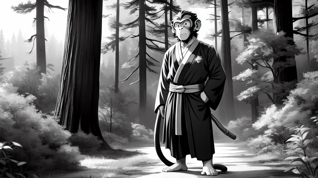 ((Masterpiece, high quality, best graphics, high definition, high definition, 4k)), old photo, vintage photo, 1 Monkey boy, (Solo), (((monkey ears, monkey tail))), ((upper body)), Wooden Katana in right hand, old samurai suit, old samurai pants, (ribbon on waist), wooden sandals, looking away, standing, (((monochrome, grayscale, pencil style, old movie style, noise, VHS movie, anime style))), (forest background, trees, tree shadow, grass, (((Saru to kani no Gassen anime 1917 style))).