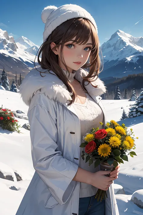 masterpiece ,best quality, A beautiful woman with light hair, flowers, snow-capped mountains, summer