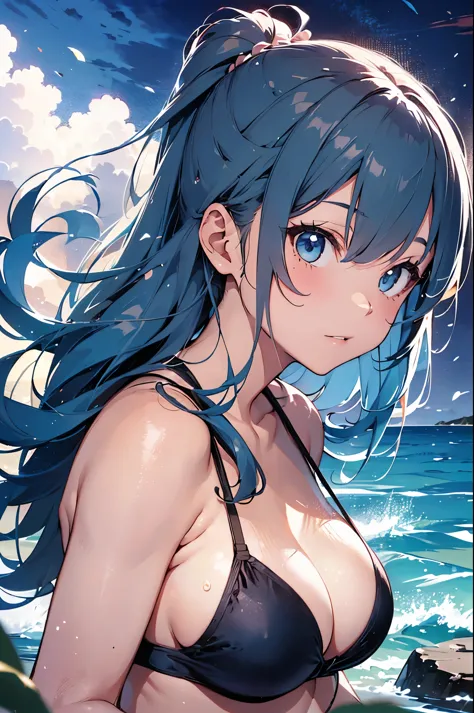 High resolution,topless、
One beautiful young woman,Light blue hair、ponytail、
(Soft Saturation:1.3), (Fair skin:1.2),
(ultra-Detailed Background, Detailed Background), Bokeh,
break&#39;Portrait of a smiling girl.,
When viewed from the front, The composition is symmetrical,
Looking straight at you with serious eyes,
break Swimwear, White Bikini, Center of chest, 
Outdoor, Sea surface, null, sunlight,Summer beach, Sandy Beach,
Strong light, Front lighting, 
(Teen:1.3), (Cowboy Shot:1.2),
Front brake angle,
View your audience,
Dynamic pose,
sitting on the beach

Seaweed、Seaweed、Seaweed、Seaweed、Seaweed、Seaweed、Seaweed、