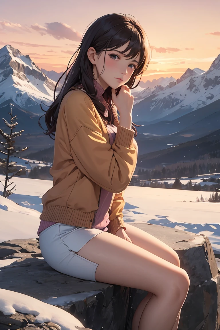 masterpiece ,best quality, A beautiful woman with light hair, flowers, snow-capped mountains, summer,A beautiful mountain landscape during sunset, with a 25-year-old woman sitting on a rock, gazing at the scenery. She has a reflective expression, with a tear rolling down her cheek. The scene is serene, with gentle winds and soft colors. The mountains are majestic, with hints of snow on the peaks. The sky is painted with warm hues of orange, pink, and purple. The woman wears casual clothes, symbolizing her journey and determination. In the background, there are soft, nostalgic elements like faint outlines of her youthful memories blending with the natural beauty.