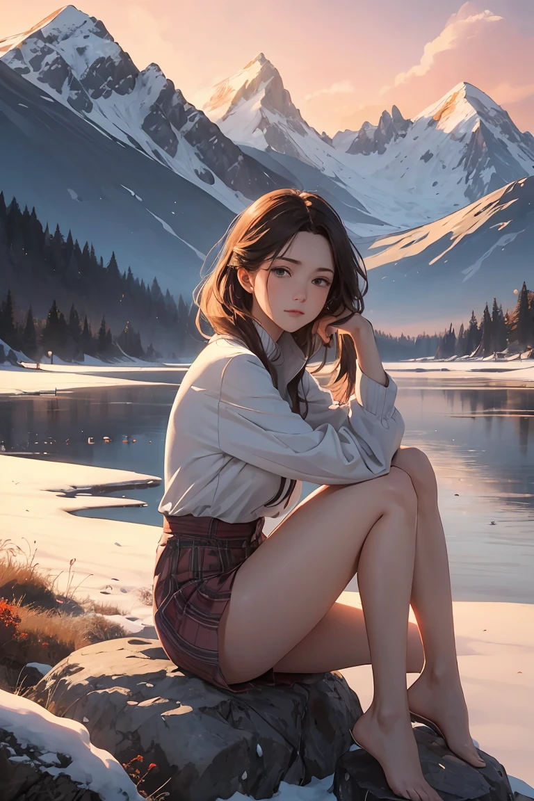 masterpiece ,best quality, A beautiful woman with light hair, flowers, snow-capped mountains, summer,A beautiful mountain landscape during sunset, with a 25-year-old woman sitting on a rock, gazing at the scenery. She has a reflective expression, with a tear rolling down her cheek. The scene is serene, with gentle winds and soft colors. The mountains are majestic, with hints of snow on the peaks. The sky is painted with warm hues of orange, pink, and purple. The woman wears casual clothes, symbolizing her journey and determination. In the background, there are soft, nostalgic elements like faint outlines of her youthful memories blending with the natural beauty.