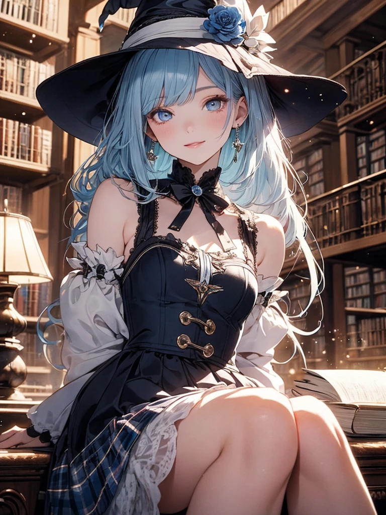 (master piece),(4k),high quality,((arms behind back)),(small breasts),((1girl)),((solo)),pastel blue hair,pale skin,smile,beautiful detailed blue eyes, (Highly detailed elegant),(witch hat with blue flower ornament),(blue girly fashion),black and blue plaid skirt,magical colors and atmosphere, detailed skin,light particles,Add a dramatic and symbolic element to your scene, Silky to the touch, Hyper Detail,sitting,create an ethereal atmosphere like a dream,((in library)),cowboy shot