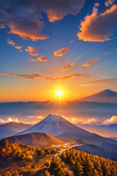 sun，fuji mountain，masterpiece，hope，positive，beautiful，high resolution, high resolution, 8k, masterpiece2:1,