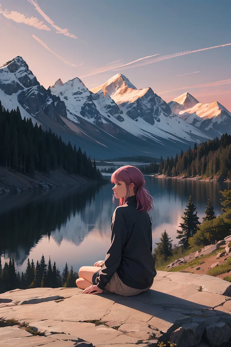 Un hermoso paisaje de montaña durante el atardecer., con 2 mujeres sentadas en una roca, mirando el paisaje. Ella tiene una expresión reflexiva., con una lágrima rodando por su mejilla. La escena es serena, Con vientos suaves y colores suaves.. Las montañas son majestuosas, con indicios de nieve en los picos. El cielo está pintado con cálidos tonos naranjas., rosa, y morado. La mujer viste ropa casual, Simbolizando su viaje y determinación. En el fondo, Hay suaves, Elementos nostálgicos como contornos tenues de sus recuerdos juveniles que se mezclan con la belleza natural..