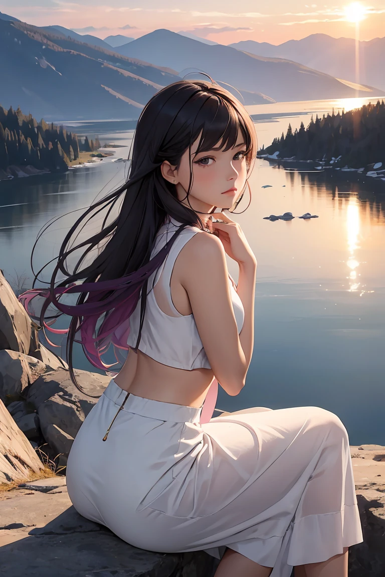 A beautiful mountain landscape during sunset, with a 25-year-old woman sitting on a rock, gazing at the scenery. She has a reflective expression, with a tear rolling down her cheek. The scene is serene, with gentle winds and soft colors. The mountains are majestic, with hints of snow on the peaks. The sky is painted with warm hues of orange, pink, and purple. The woman wears casual clothes, symbolizing her journey and determination. In the background, there are soft, nostalgic elements like faint outlines of her youthful memories blending with the natural beauty.