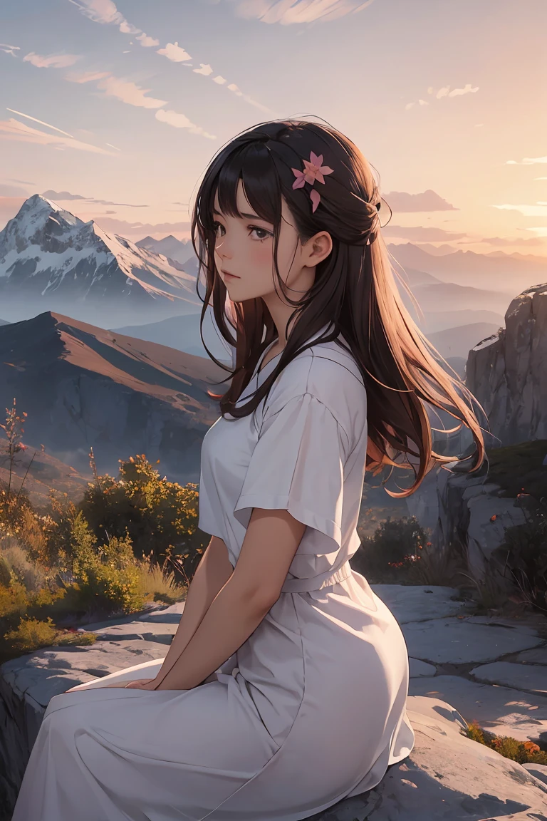 A beautiful mountain landscape during sunset, with a 25-year-old woman sitting on a rock, gazing at the scenery. She has a reflective expression, with a tear rolling down her cheek. The scene is serene, with gentle winds and soft colors. The mountains are majestic, with hints of snow on the peaks. The sky is painted with warm hues of orange, pink, and purple. The woman wears casual clothes, symbolizing her journey and determination. In the background, there are soft, nostalgic elements like faint outlines of her youthful memories blending with the natural beauty.