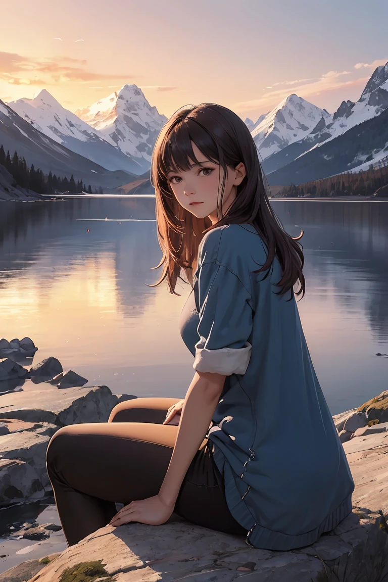 A beautiful mountain landscape during sunset, with a 25-year-old woman sitting on a rock, gazing at the scenery. She has a reflective expression, with a tear rolling down her cheek. The scene is serene, with gentle winds and soft colors. The mountains are majestic, with hints of snow on the peaks. The sky is painted with warm hues of orange, pink, and purple. The woman wears casual clothes, symbolizing her journey and determination. In the background, there are soft, nostalgic elements like faint outlines of her youthful memories blending with the natural beauty.