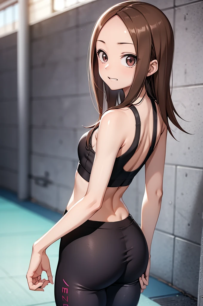 Takagi-san,  young girl, toned body, sports bra, flat chest, smug riso , sexy tight leggings ,marca de calcinha , gym . Back ass. 