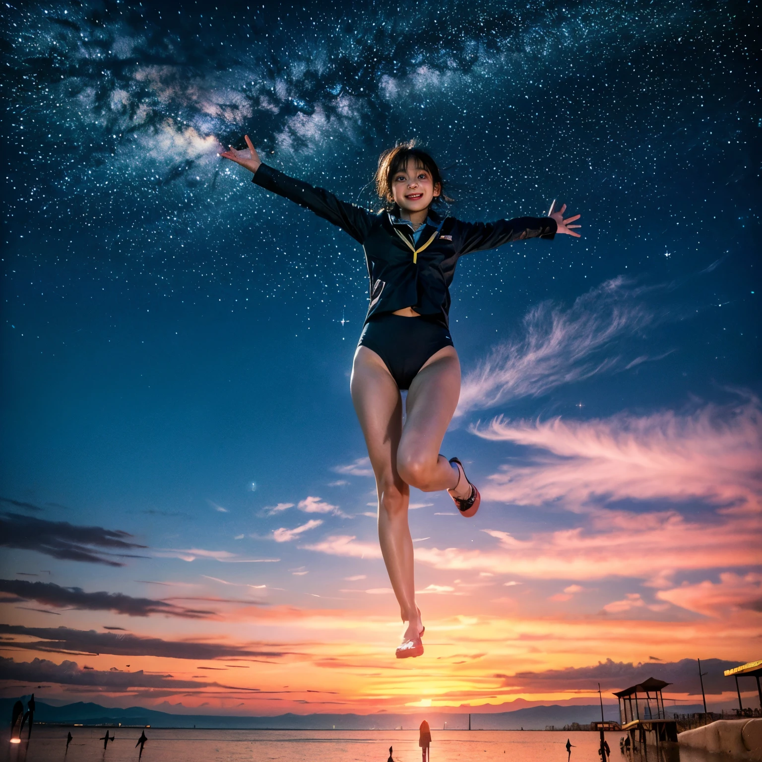  Masterpiece of (ProfessionalPhoto:1.37) ((ExtremelyDetailed (5 PICHIPICHI KAWAII Girls Floating in The Air in a row:1.37) in WHITE at Dusk Enoshima Beach)), {(Standing Full Body:1.2)|(from below:1.2)|Detailed KAWAII face}, Different types of hair colors, {(skinny(school swimwear))|(SchoolUniform)with Tiny AthleticShorts}, {(Corrected Childish hand)|Hidden hand|Different types of breasts|(Clearly Visible the shape of Butt)}, Joyful Expressions LifeLike Rendering, Detailed clothing texture, PerfectLighting, (Dazzling Horizon Visible through ThighGap), (Starry IridescentParticles:1.22) ColorfulClouds . Whole Body proportions and all limbs are anatomically accurate