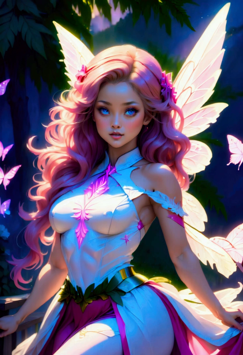 a picture of a jungle fairy, an extraordinary beautiful, elegant beauty, divine beautiful fairy, ((anatomically correct: 1.5)) spread butterfly wings, blue and purple wings, pink eyes, glowing eyes, (ultra detailed face: 1.2), best detailed face,  blond hair, rich hair, wavy hair, glamour dress, wild dress, dress decorated with jungle flowers,  sitting on massive heliconia tree the rain forest, sun rays coming through the trees, Hyperrealism style, vibrant, Ultra-high resolution, High Contrast, (masterpiece:1.5), highest quality, Best aesthetics), best details, best quality, highres, ultra wide angle, 16k, [ultra detailed], masterpiece, best quality, (extremely detailed) RAW, chumbasket art style, FairyTaleAI, fairy wings, 