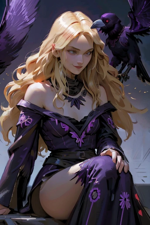 ((playing with a raven:1.4)).(feminine:1.4),(rule of thirds:1.4), ((ultra realistic illustration:1.3)),19yo (Athletic:0.8) ((blonde:1.3)) woman, blue eyes, (long hair:0.9), cute, small breasts,(smile), Black lace dress, high heels.Masterpiece, best quality,(highly detailed:1.2),(detailed face and eyes:1.2), 8k wallpaper, depth of field, natural lighting. core shadows, high contrast, bokeh. cinematic, atmospheric, contrast, intricate